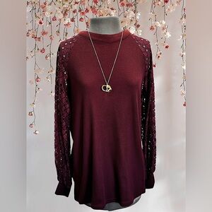 Miholl Waffle Knit Burgandy Top With Lace Long Dolman Puff Sleeves Size L